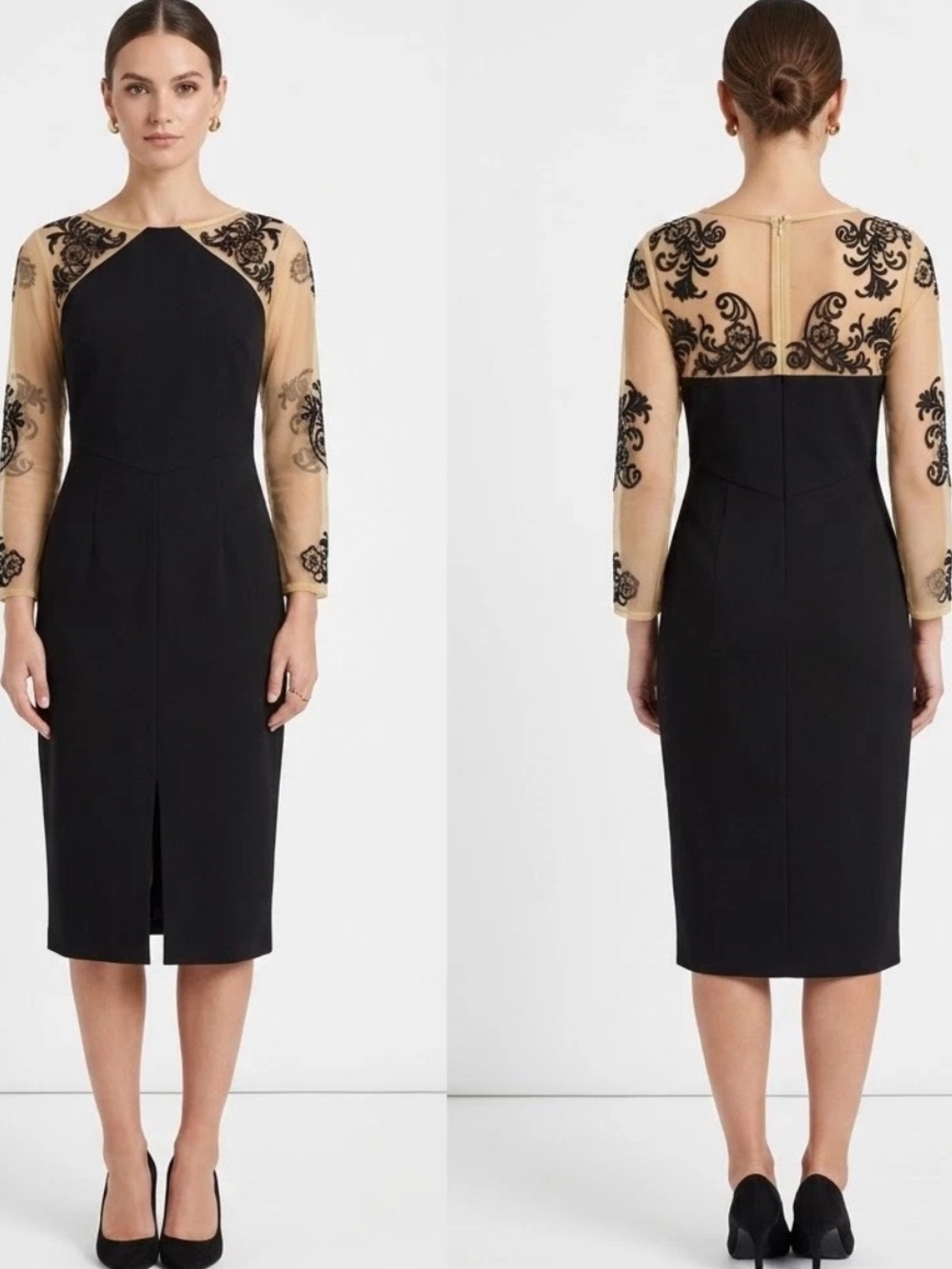 JS Collections Sheath Dress 10 Black Nude Illusion Embroidered Sleeve Cocktail